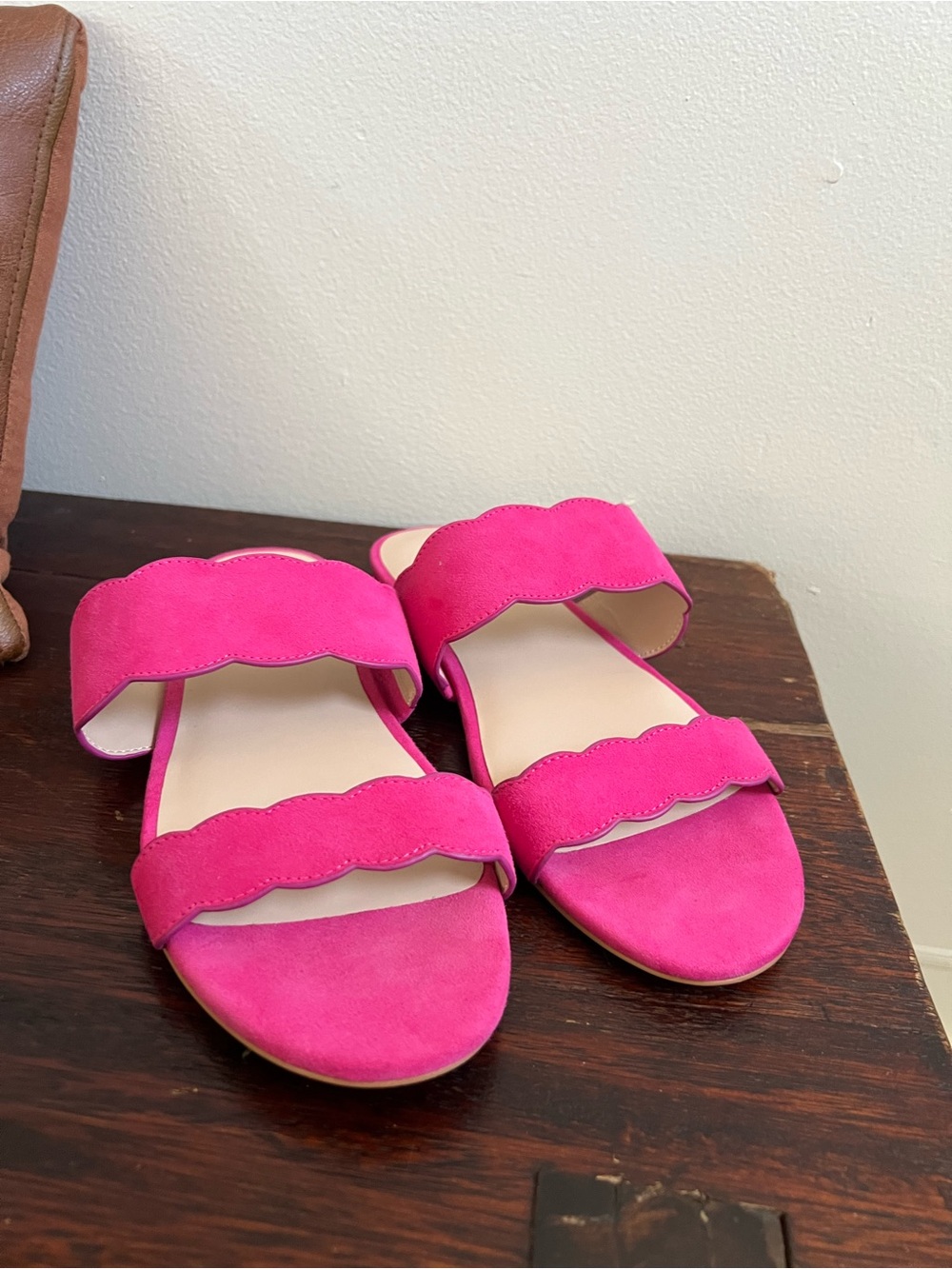 Stuart Weitzman Hot Pink Scalloped Double-Strap Slide Sandals